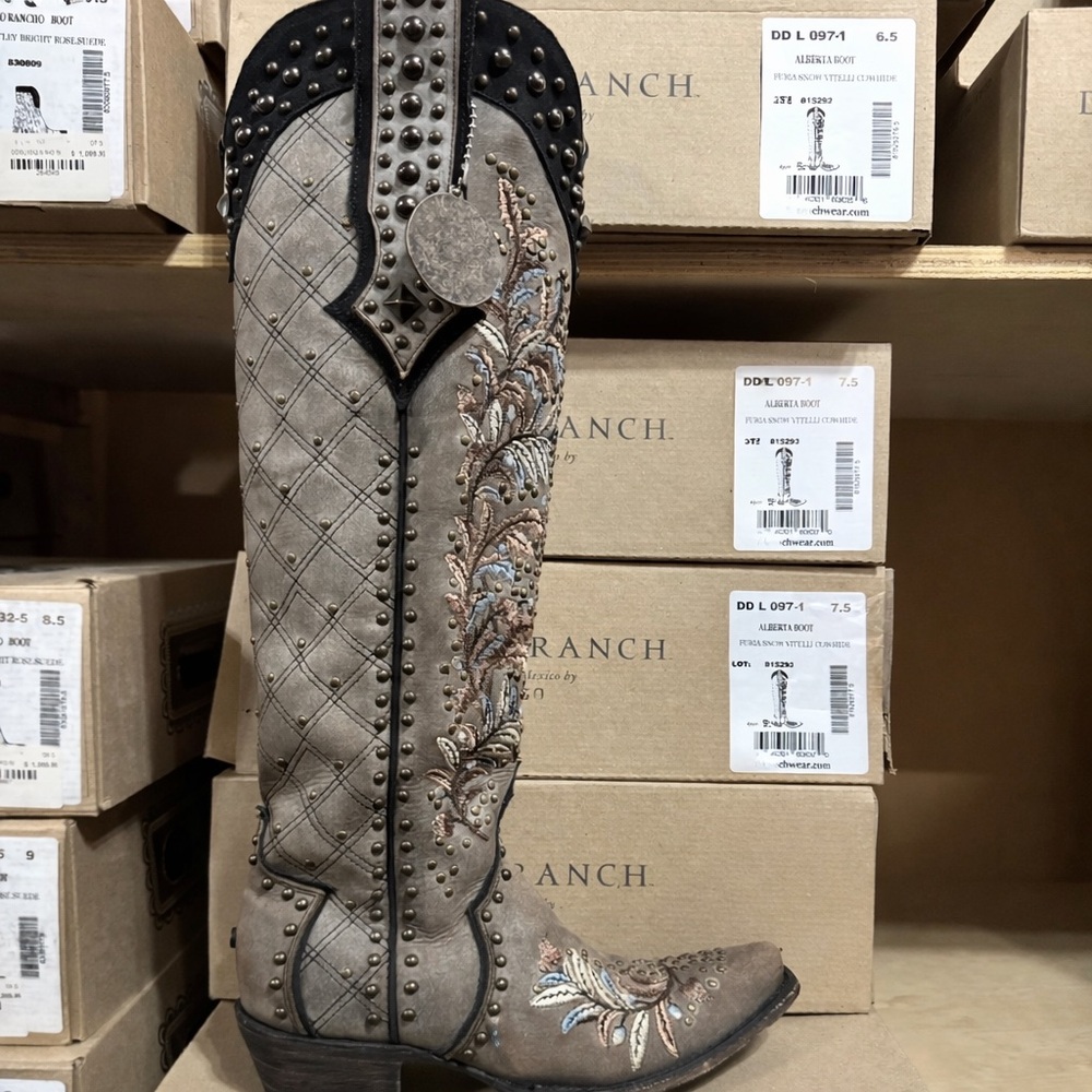 DOUBLE D Ranch Embroidered Studded Western Boots - Taupe